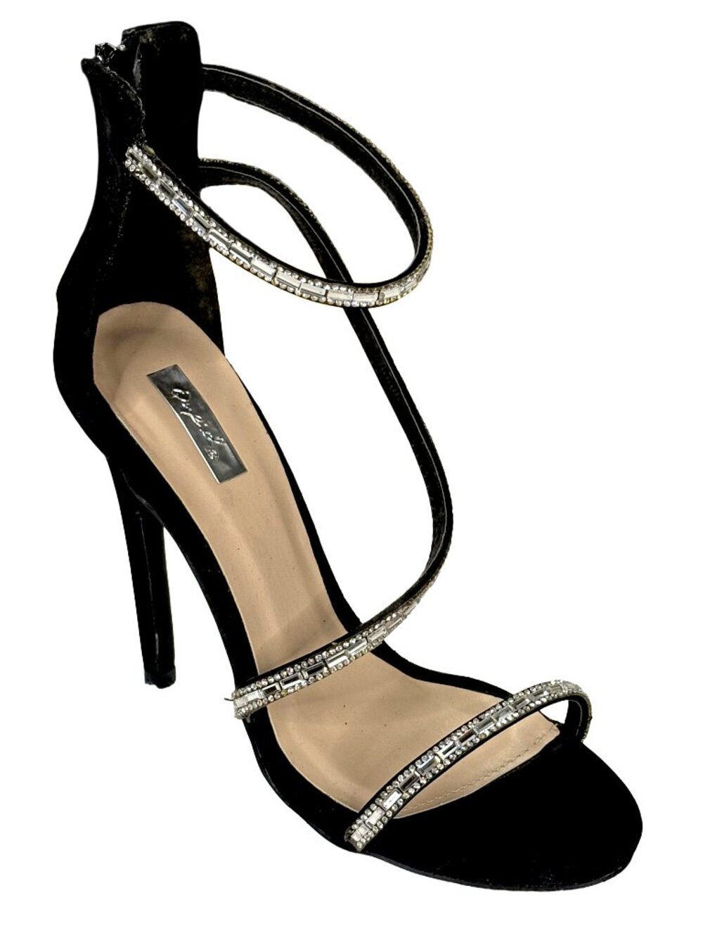 Qupid Glee-330X Black Rhinestone Strappy Stiletto Heels
